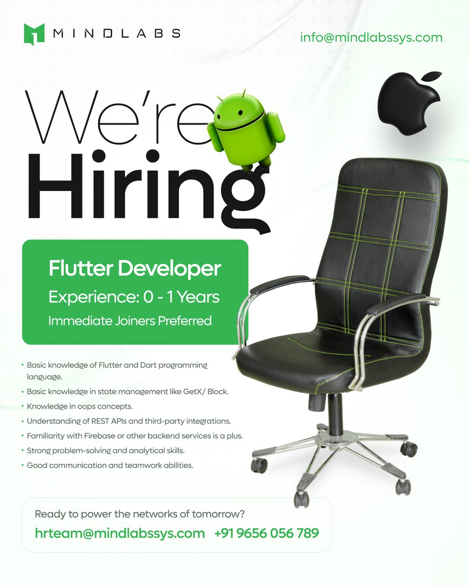 mindLabssystems's tweet image. MindLabs is looking for a passionate Flutter Developer to join our growing team! If you’re eager to kickstart your mobile app development career, we’d love to meet you.

#FlutterDeveloper #Hiring #AppDevelopment #MobileAppDeveloper #FreshersJobs #ImmediateJoiners #Mindlabs