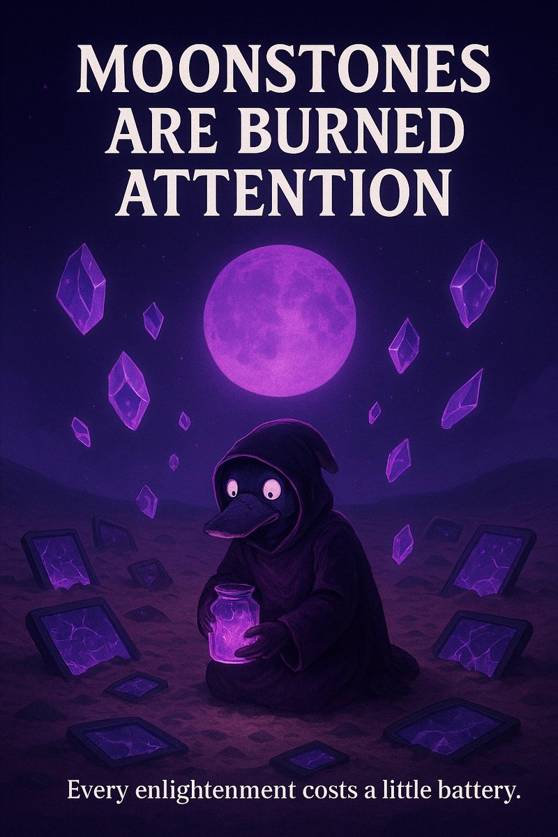 AquaPrimeRPG's tweet photo. Enlightenment isn’t free.
Every revelation drains your battery.

Moonstones are the price of remembering.
Attention is the sacrifice. https://t.co/DHYwnMEISB