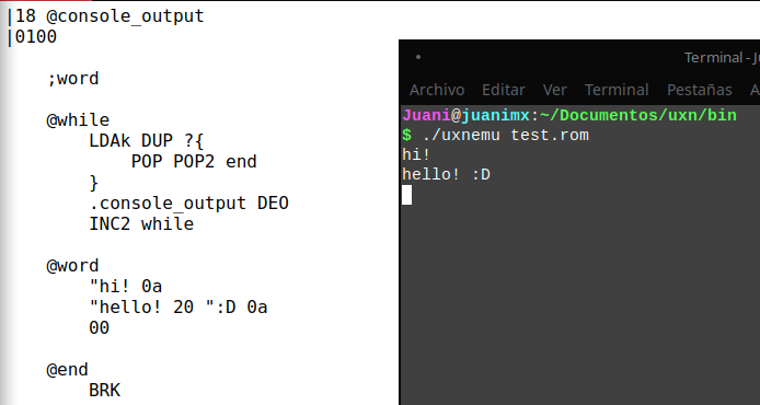 TheLombriz's tweet photo. mi primer hello world en assembly uxntal :D https://t.co/qI4y6SJpGu