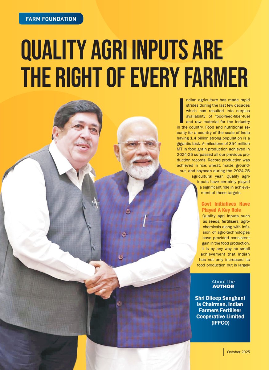KiritkrJPatel's tweet image. Progress in agriculture isn’t just about growth, it’s about responsibility for environment and for the masses. Chairman, IFFCO, Shri Dileep Sanghani @Dileep_Sanghani Ji, shares his vision for a stronger, sustainable future for Indian agriculture in AgricultureToday (October…