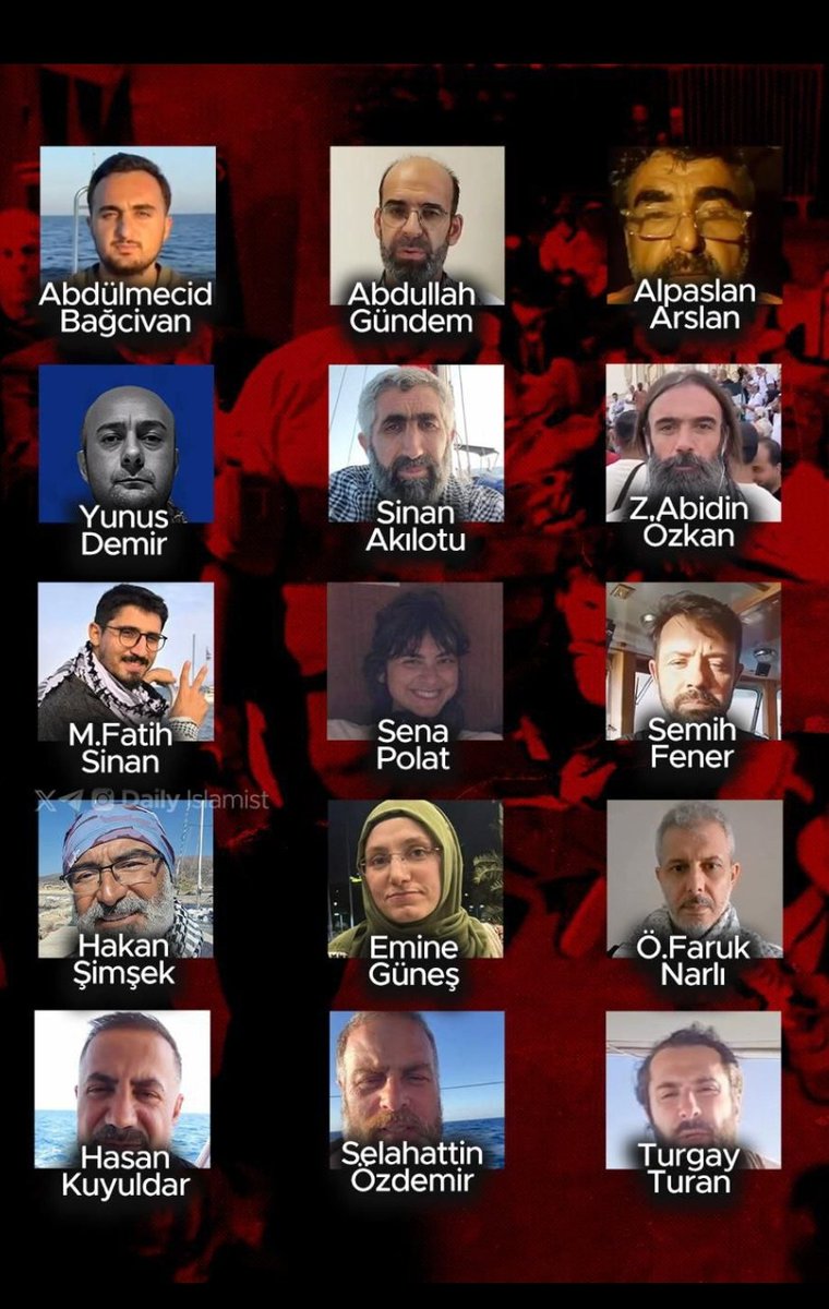 Sumud Filosu’nun kahramanları şu an siyonist çetenin zindanlarında… 
Suçları, Gazze’deki kardeşlerine destek olmak ve eli kanlı siyonistlere karşı dik durmaktır. 
Bu kardeşleri gündemde tutmak, paylaşmak ve gereken yerlere duyurmak bizim vazifemizdir.
#gazzeyesahipçık
#Sumud