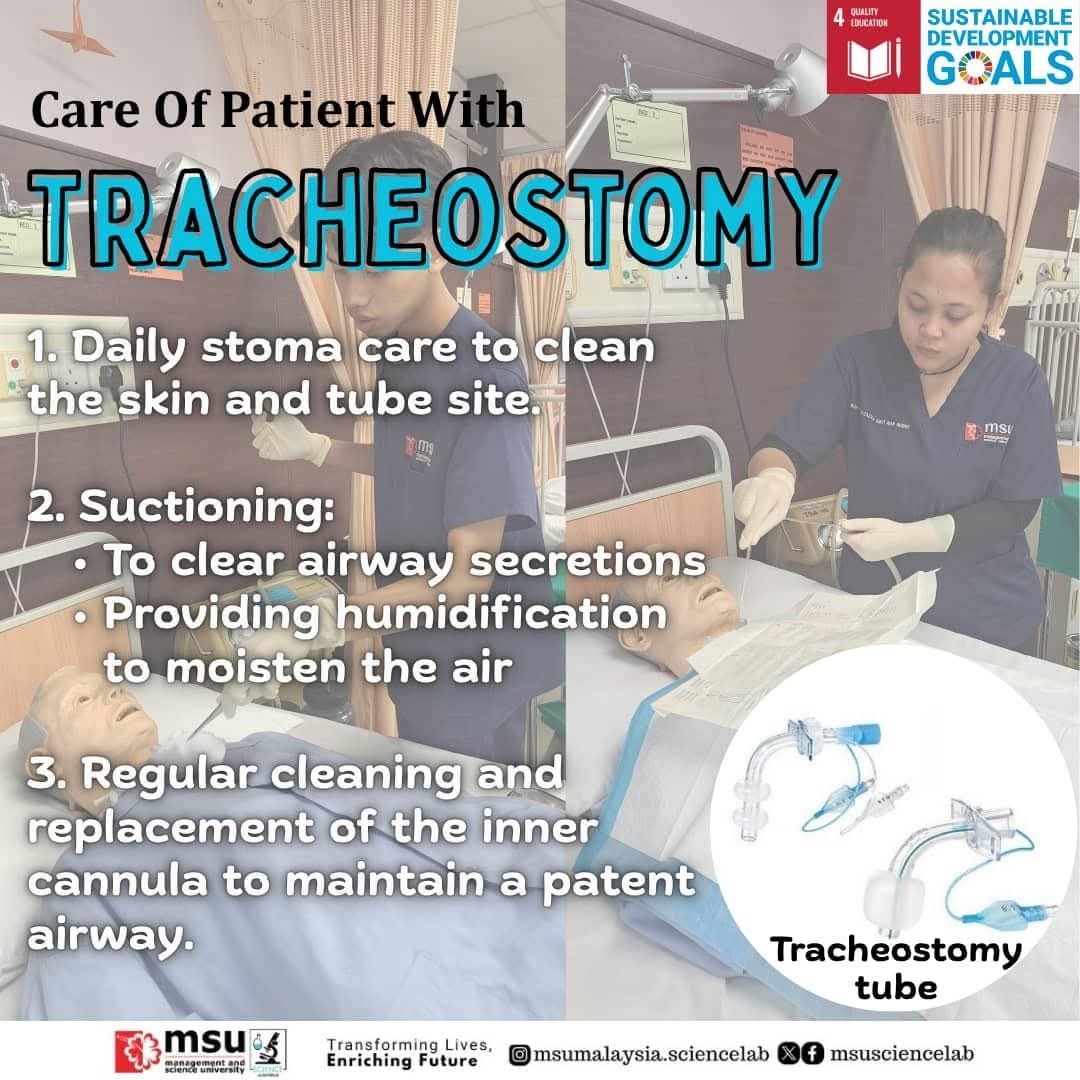 MSUsciencelab's tweet image. 🩺 Tracheostomy Care in Practice 🥼
#MSUMalaysia  students learn essential nursing skills in managing patients with tracheostomy. It includes stoma care, suctioning, and tube maintenance to ensure airway safety and patient comfort. 💙

#MSUScienceLab 
#LearningExperience