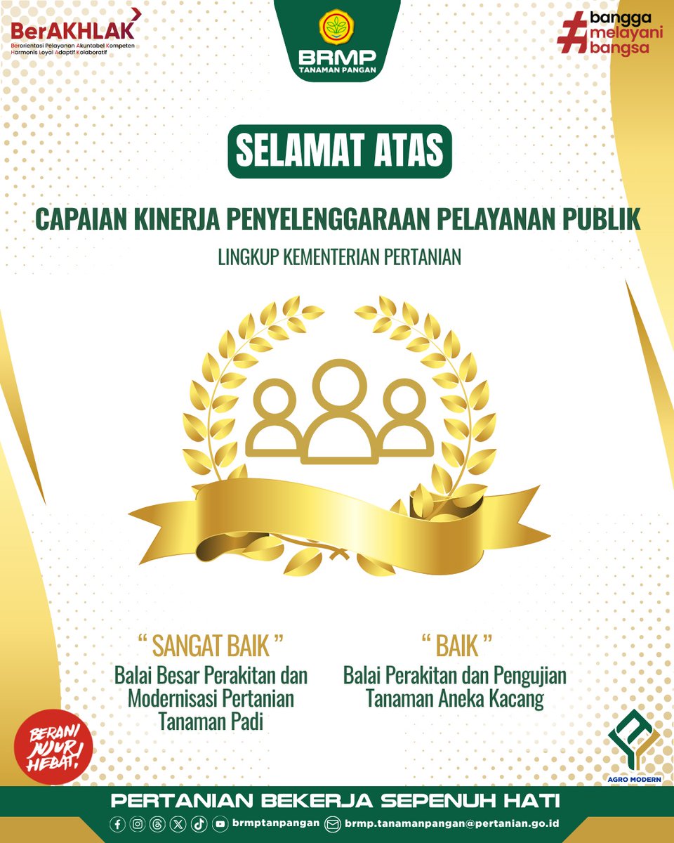 brmptanpangan's tweet photo. BRMP Tanaman Pangan menyampaikan selamat dan apresiasi kepada BRMP Padi dan BRMP Aneka Kacang atas pencapaian kategori Sangat Baik dan Baik dalam penyelenggaraan pelayanan publik tahun 2025 lingkup Kementerian Pertanian.
#AgroModern #BRMP #BRMPKementan
#Kementan #BRMPTP https://t.co/4FDOBC1lXL