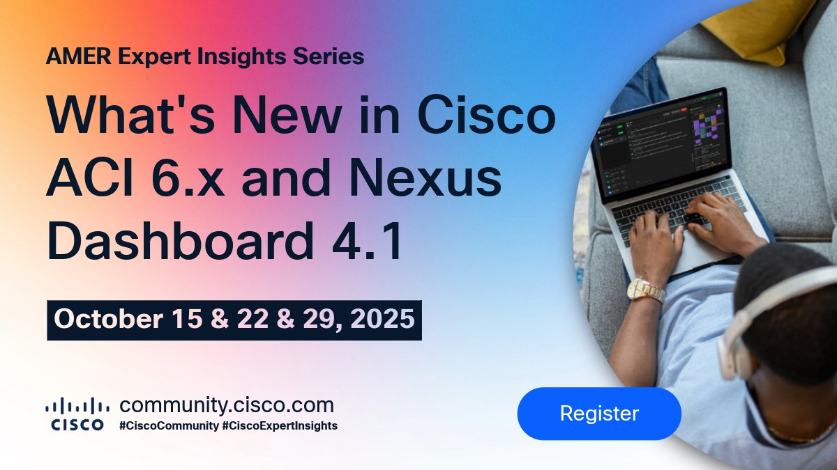 ViVchia's tweet image. 🗓️ Join our 3-part #CiscoACI and ND series this Oct to enhance your network&apos;s resiliency, visibility &amp;amp; operational efficiency.

🔗 Register now: cs.co/6010AU6CO
💬 Join the conversation @CiscoCommunity: cs.co/6013AU6CR

Don’t miss out! 
#CiscoExpertInsights