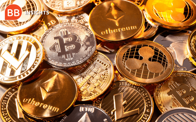 Pile of various golden cryptocurrency coins including Bitcoin, Ethereum, and others