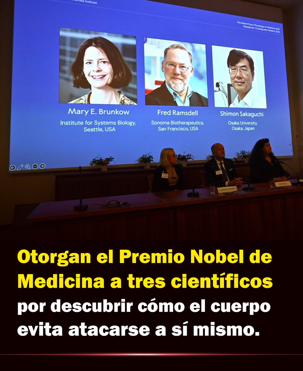 Comunidad Biológica (@bio_comunidad) on Twitter photo El Premio Nobel de Medicina 2025 fue otorgado a Mary E. Brunkow, Fred Ramsdell y Shimon Sakaguchi.
Sus descubrimientos explican cómo el cuerpo evita atacarse a sí mismo mediante un sofisticado sistema de tolerancia inmunológica.
Identificaron un grupo de linfocitos denominados El Premio Nobel de Medicina 2025 fue otorgado a Mary E. Brunkow, Fred Ramsdell y Shimon Sakaguchi.
Sus descubrimientos explican cómo el cuerpo evita atacarse a sí mismo mediante un sofisticado sistema de tolerancia inmunológica.
Identificaron un grupo de linfocitos denominados
