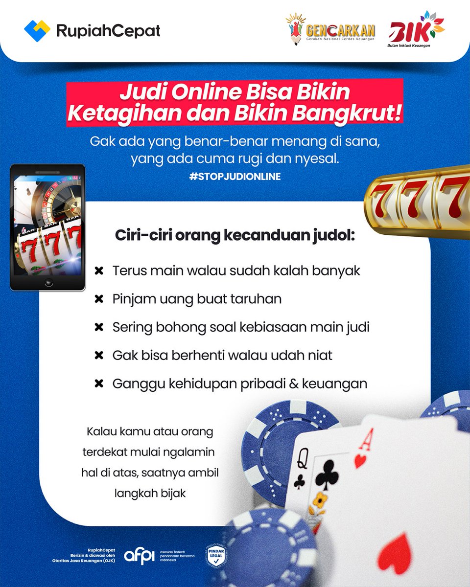 ain judi online bukan solusi, tapi sumber masalah!
Yang katanya mau menang besar, ujung-ujungnya malah ketagihan dan bangkrut!
Kalau kamu atau orang terdekat mulai ngalamin hal-hal ini, yuk ambil langkah bijak sebelum terlambat 💡