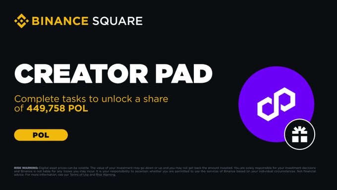 Black background with yellow Binance logo at top and bottom. White text reads BINANCE SQUARE. Purple circle with white text CREATOR PAD. Text below states Of 449.758 POL to unlock a share. Purple circle icon with cc symbol. Yellow button labeled POL. Gift box icons at bottom right. Footer text with terms and conditions.