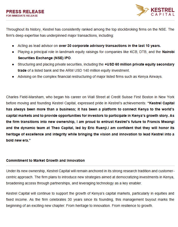 MwangoCapital's tweet photo. Kestrel Capital has been acquired by its management team through Theo Capital Holdings, marking the first management buyout in Kenya’s capital markets. https://t.co/Oa9JVCgMpO