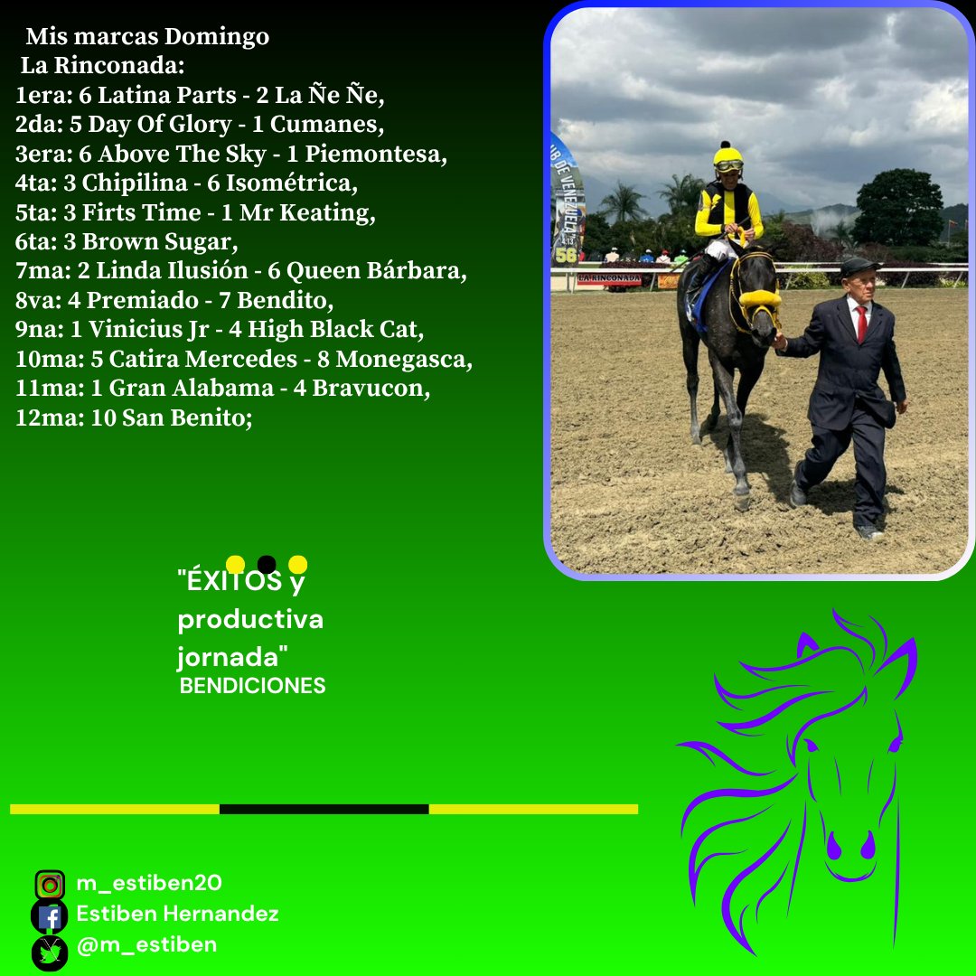 #Hipismo Mis marcas adelantadas La Rinconada Ojo: De haber retirados se cambiaran con anticipación, otra cosa si no les gusta ninguno no los jueguen; ya que no es obligado, bendiciones 

Abre este enlace y únete a la nueva experiencia en grupos de Whatsapp chat.whatsapp.com/Ca0Dw2yeBWf3iI…