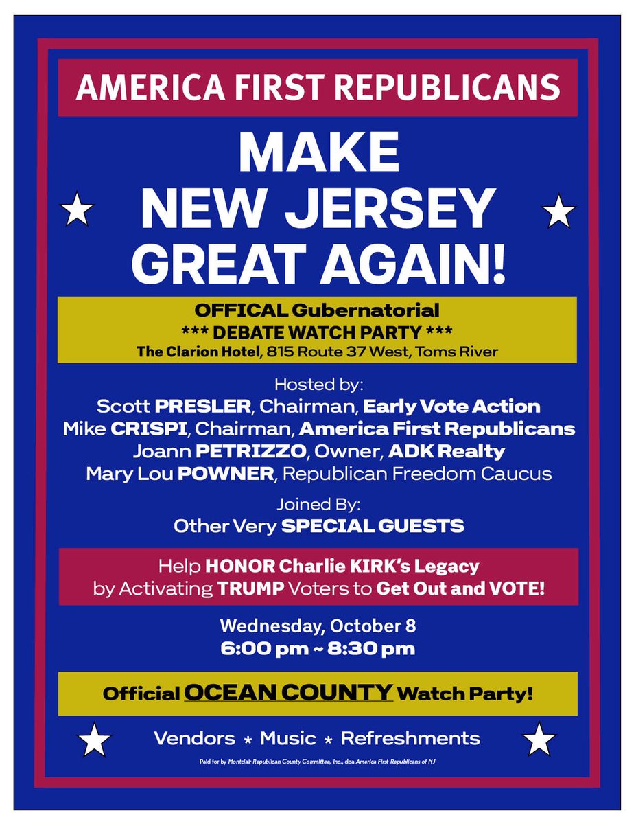 MikeCrispi's tweet image. OCEAN COUNTY, NEW JERSEY🚨 

Join us as we rally with the GREAT
@ScottPresler on DEBATE NIGHT!

Jack Ciattarelli has taken the lead on Mikie Sherrill and it’s up to US to finish the job.

Join us in Toms River and learn how YOU can help flip New Jersey RED with @AmericaFirstNJ!