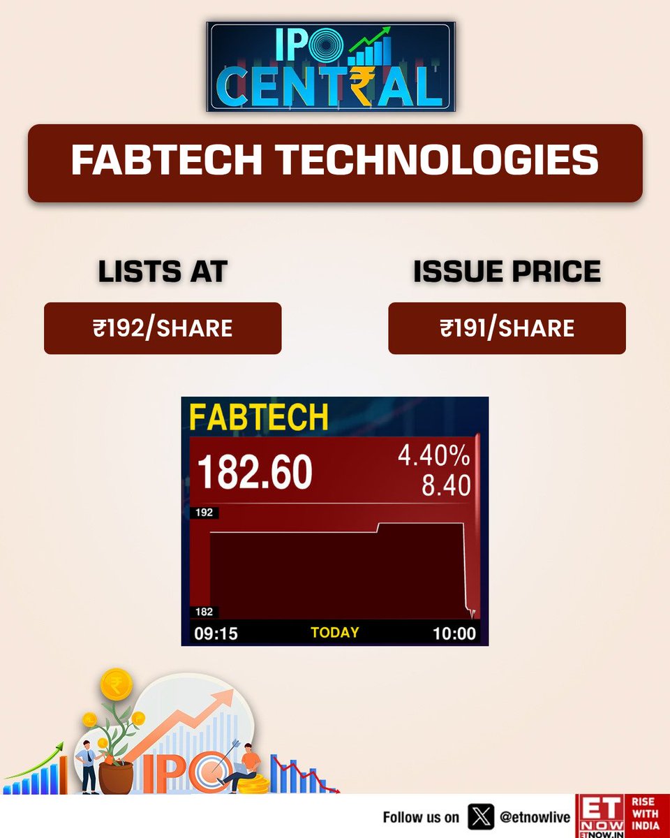 ETNOWlive's tweet image. IPO Central | NEW LISTING     

#FabtechTechnologies lists at ₹192/share on NSE vs issue price of ₹191/share  

#IPO #StockMarket #ListingGains #IndianMarkets #Investing #MarketAlert