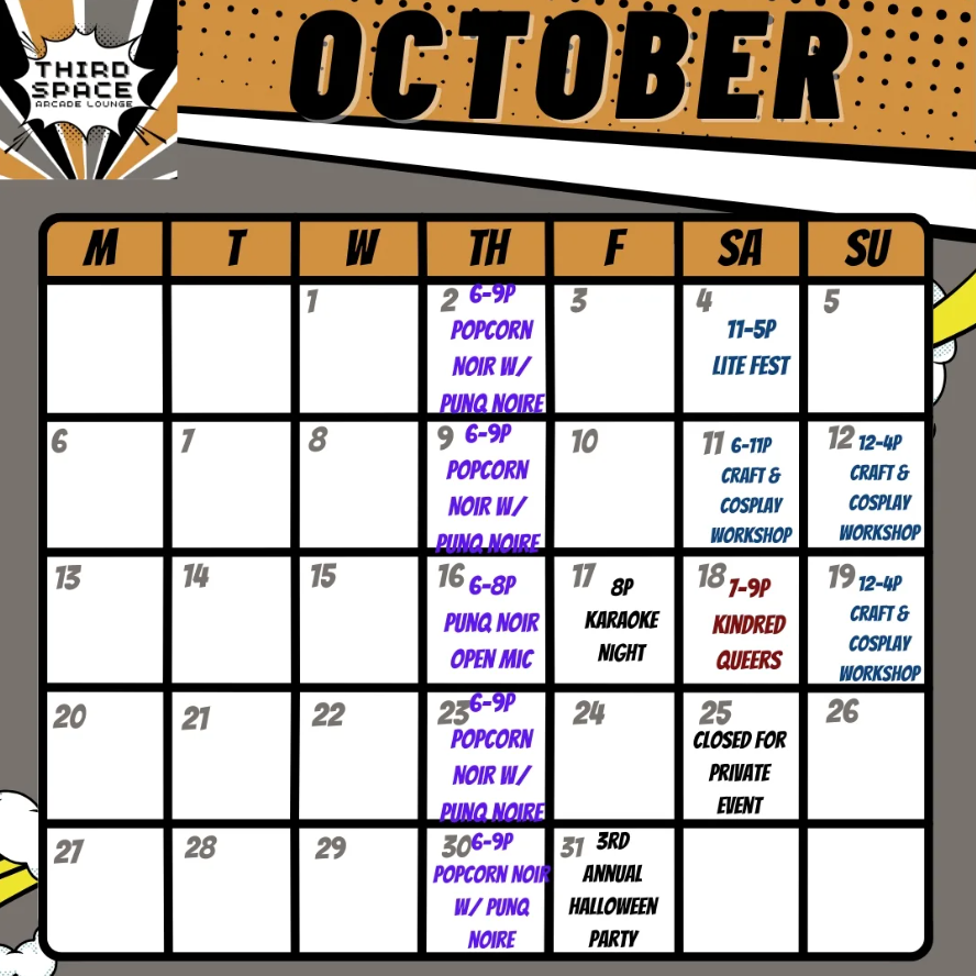 ThirdspaceNHV's tweet photo. Yoo ! This is our first time on twitter so bare with us while we populate the page with content. Here's our October schedule ! Stay tuned for more updates !

410 Blake St, New Haven, CT https://t.co/OUkds7BrlD
