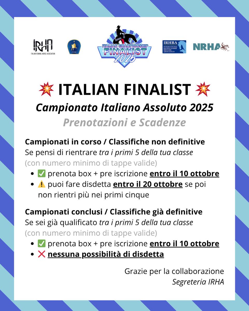 irhareining's tweet image. 💥 #ItalianFinalist 💥
Campionato Italiano Assoluto 2025
👉 Prenotazioni e Scadenze

#ReiningFuturity #ItalianReining #CampionatoItaliano

#IRHA #IRHBA #NRHA #FISE #Reining #ItalianReining