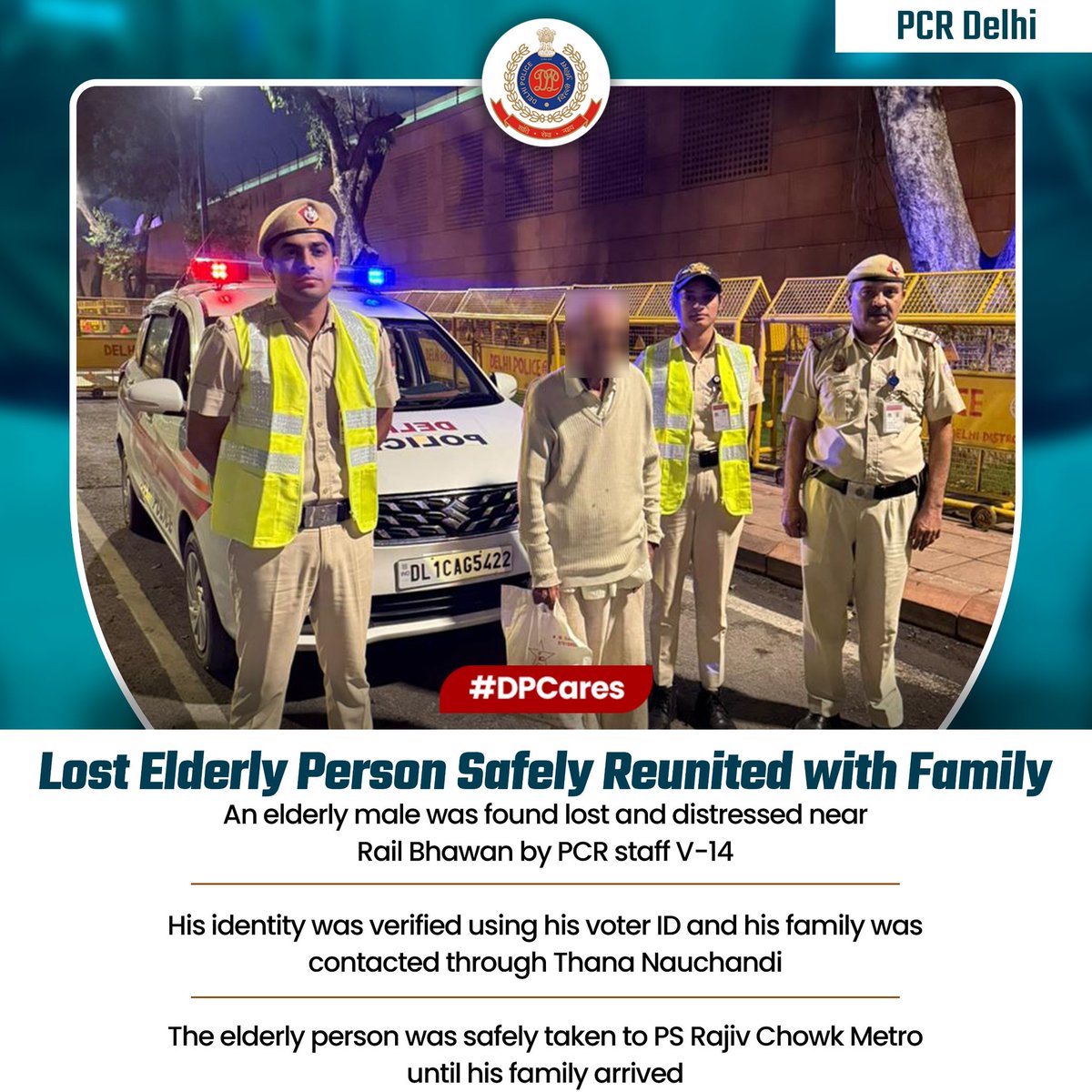 DCPPCRDELHI's tweet image. Alert #PCR Staff #Reunites Lost #Elderly #Person with Family

PCR staff found a distressed elderly man near Rail Bhawan. His identity was verified, family contacted through Thana Nauchandi and he was safely taken to PS Rajiv Chowk Metro until reunited.

#DPUpdates
#PCRUpdates