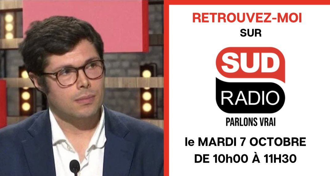 kevinbossuet's tweet image. Retrouvez-moi ce mardi 7 octobre de 10h00 à 11h30 sur @SudRadio pour débattre de l’actualité.