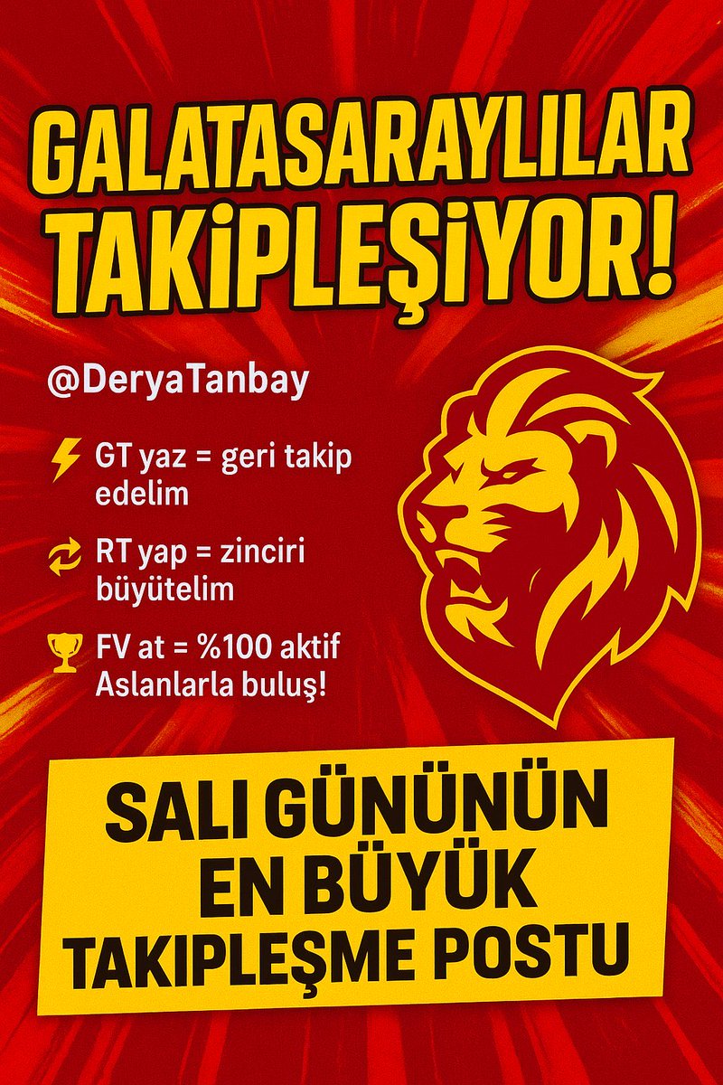 🎯 SALI GÜNÜNÜN EN BÜYÜK TAKİPLEŞME POSTU!

🦁 GALATASARAYLILAR BURADA! 💛❤️

💥 Aslan ruhu kenetleniyor! 🔥

⚡ GT = Geri Takip
🔁 RT = Zinciri Büyüt
🏆 FV = Aktif Aslanlarla Buluş
✅ Takip edene dönüş!