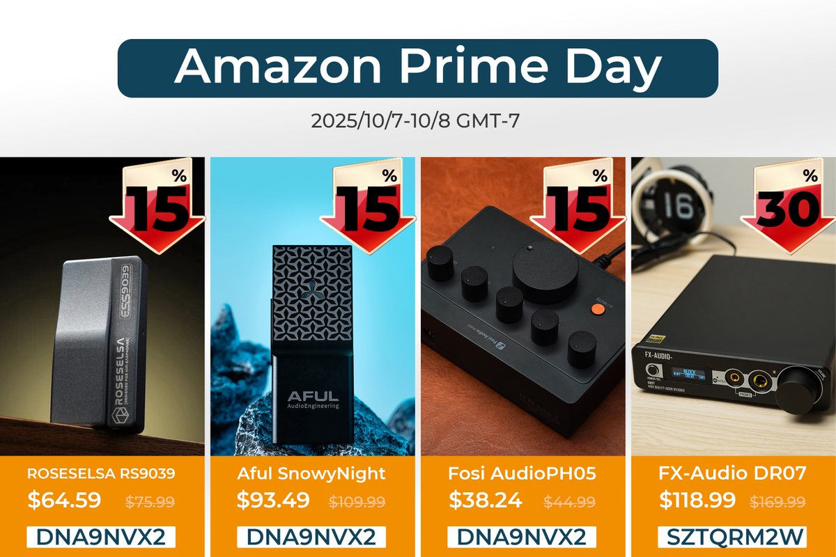 HiFiGoAudio's tweet image. 🎉Prime Day steals are here for every audiophile!🔥
🔊Amazing DAC &amp;amp; AMP deals waiting for you.😆
🌈Which one will you take home first?💎
🔗Amazon US: amazon.com/hifigo/
#HiFiGo #AmazonUS #PrimeDay #IEM #Audiophile #Deals #ROSESELSA #AFUL #fosiaudio #fxaudio #Music #hifi