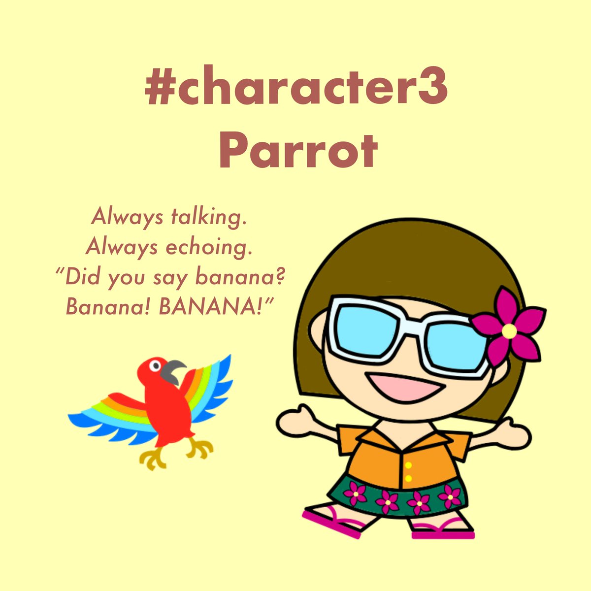 Noibara_art's tweet photo. ✨ Some Cheeky Girls are getting their own stories...
and Tropica Lily (temp.) is first!
Meet another of her quirky island friends:
-🦜 Parrot
Always talking. Always echoing.
“Did you say banana? Banana! BANANA!”
#TropicaLily #PictureBookInProgress #CheekyGirls #CharacterCard https://t.co/PcNfuVIHxB