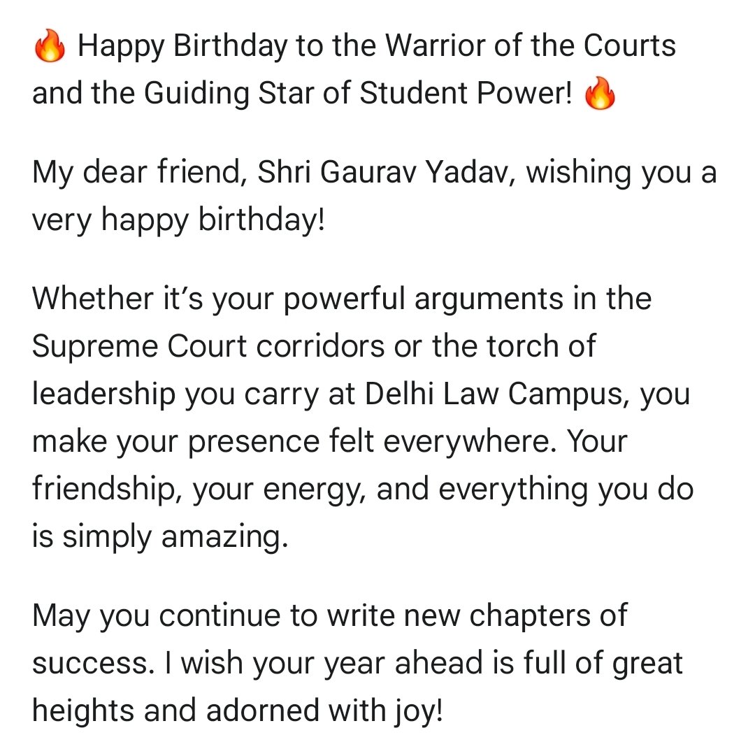 satyadev_ary's tweet image. Wishing a very Happy Birthday to my dear friend, @ItsGauravyadav 🎂
A brilliant Advocate at the Supreme Court and the inspiring President of Delhi Law Campus. Your leadership and dedication are truly motivating!
Keep soaring high! 🚀 #HappyBirthdayGauravYadav #SupremeCourt