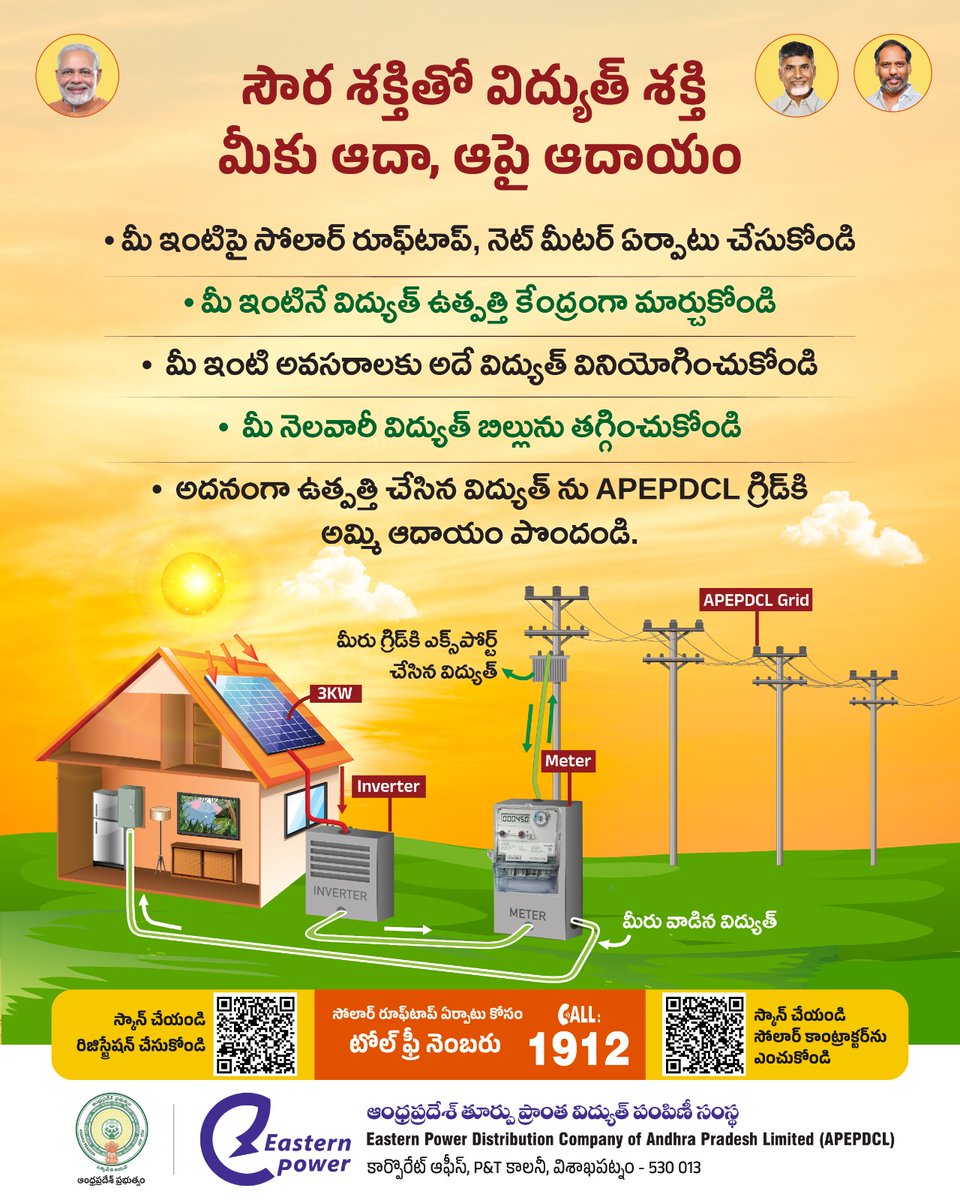 ap_epdcl's tweet image. పీఎం సూర్య ఘర్ యోజన ద్వారా, రాయితీతో మీ ఇంటిపై సోలార్ రూఫ్ టాప్ ఏర్పాటు చేసుకుని, మీ విద్యుత్ బిల్లు ఆదా చేసుకోండి, ఆపై అదనంగా ఆదాయం పొందండి.
.
pmsuryaghar.gov.in లేదా  apeasternpower.com 
వెబ్సైట్ ద్వారా PMSURYAGHAR పోర్టల్ లో దరఖాస్తు చేసుకోవచ్చు
.
☎ మరిన్ని వివరాల…