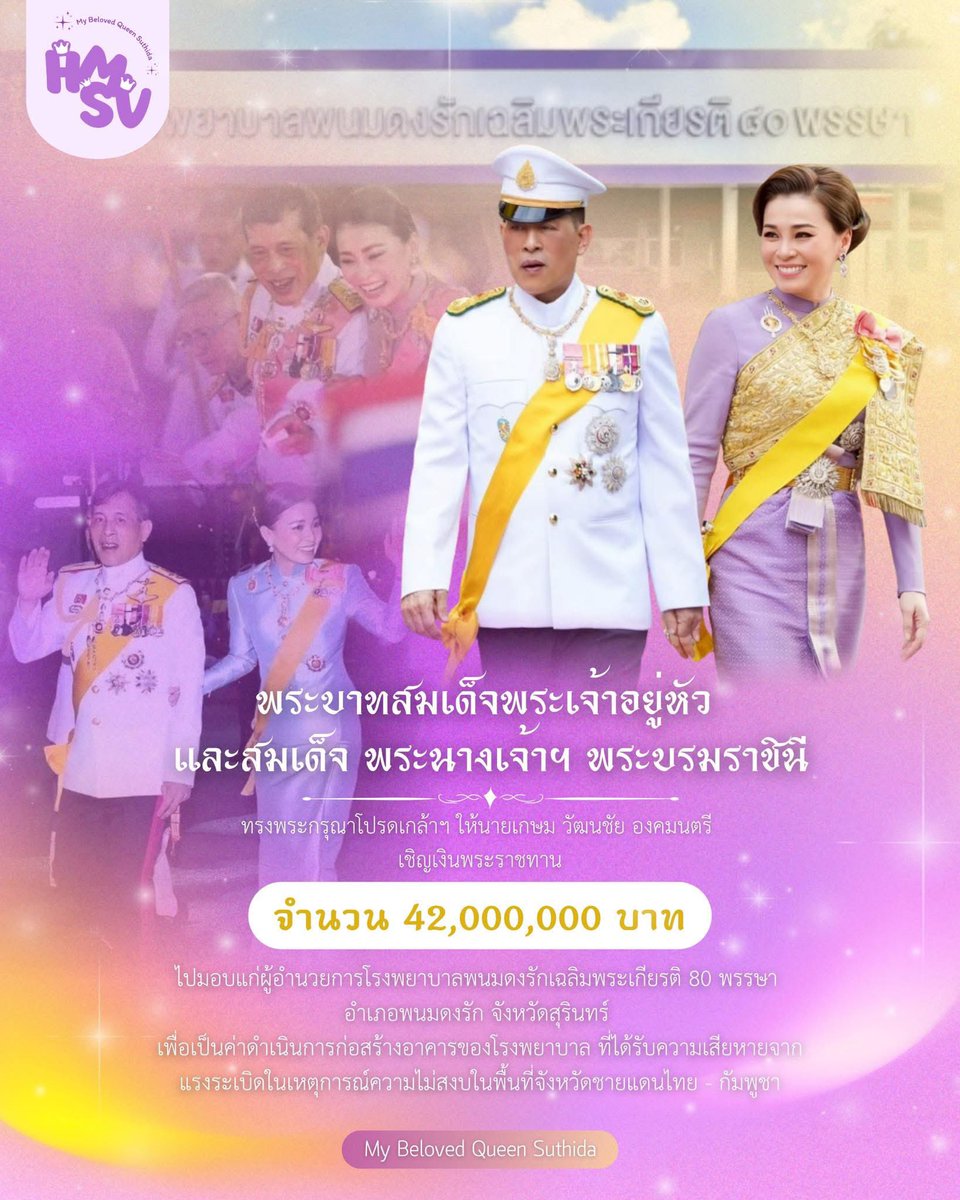 วันที่ 6 ตุลาคม 2568 
พระบาทสมเด็จพระเจ้าอยู่หัว และสมเด็จ พระนางเจ้าฯ พระบรมราชินี ทรงพระกรุณาโปรดเกล้าฯ ให้นายเกษม วัฒนชัย องคมนตรี เชิญเงินพระราชทาน จำนวน 42,000,000 บาท ไปมอบแก่ผู้อำนวยการโรงพยาบาลพนมดงรักเฉลิมพระเกียรติ 80 พรรษา อำเภอพนมดงรัก จังหวัดสุรินทร์