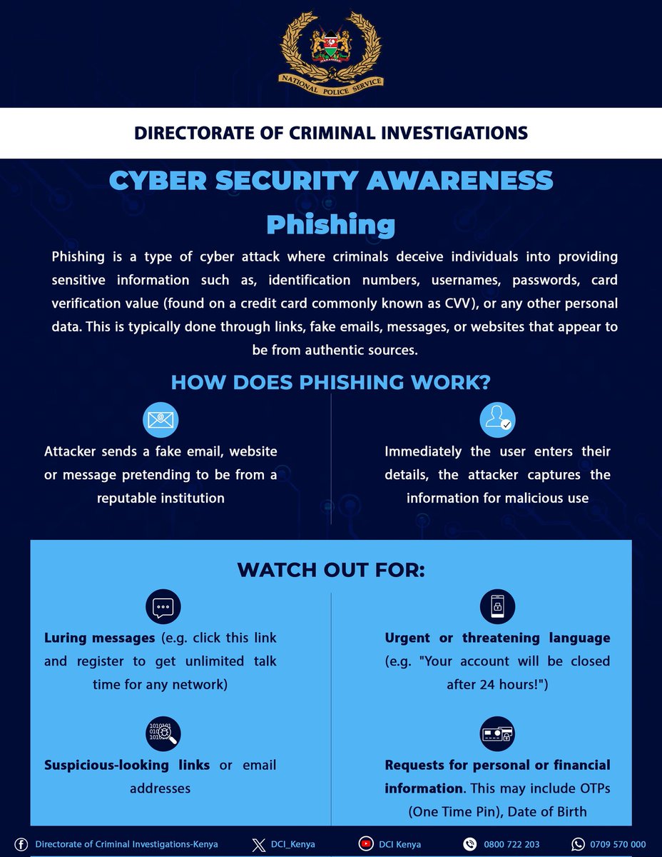 DCI_Kenya's tweet image. SECURE OUR WORLD
#CyberSecurityMonth #CyberSafely #CyberSecurity #CyberSafety 

PHISHING