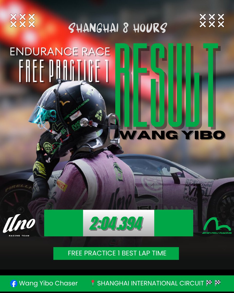 BystanderYIBO85's tweet photo. Free Practice 1 
Wang Yibo best lap time — 2:04.394

📍Shanghai International Circuit | 2025 Shanghai 8 hours Endurance Race Free Practice 1

YIBO FIRST ENDURANCE RACE
#WANGYIBO_8HRACE #WangYibo 
#WangYibo王一博 #王一博 #YIBO85 https://t.co/56Mhx3QuLk