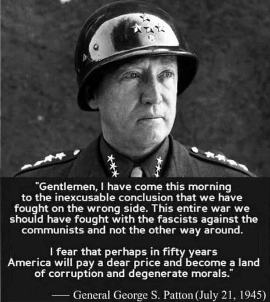 What the honest 🇺🇸 General is saying, is that the GERMANS 🇩🇪 were the good guys. 

The good General thought America 🇺🇸 would become a country of degenerates morally because the USA partnered with THE COMMUNIST jEWISH BOLSHEVIKS‼️

He was clearly SPOT ON. 🎯

Take a look around.