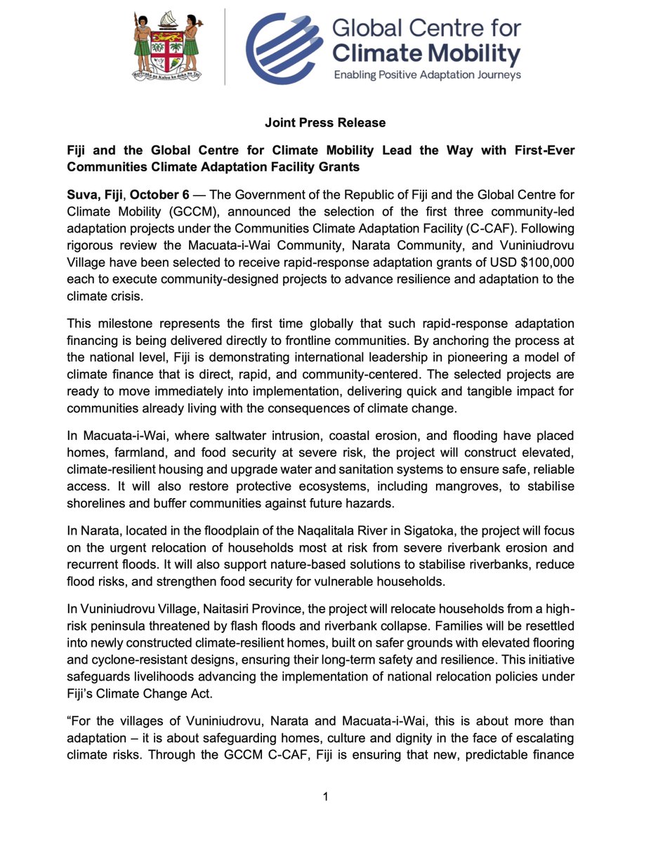 GCCMobility's tweet photo. The Government of Fiji and the Global Centre for Climate Mobility (GCCM) have announced the first three community-led projects funded through the Communities Climate Adaptation Facility (C-CAF).

Read the press release:
https://t.co/aJ5R5ZsfeG

#ClimateMobility | #CCAF https://t.co/qvUATWAZcj