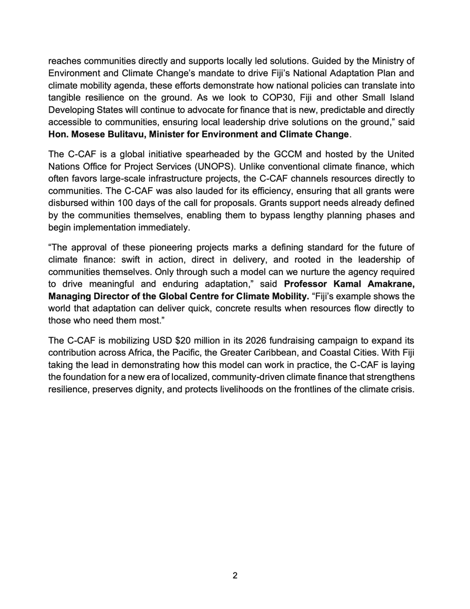 GCCMobility's tweet photo. The Government of Fiji and the Global Centre for Climate Mobility (GCCM) have announced the first three community-led projects funded through the Communities Climate Adaptation Facility (C-CAF).

Read the press release:
https://t.co/aJ5R5ZsfeG

#ClimateMobility | #CCAF https://t.co/qvUATWAZcj