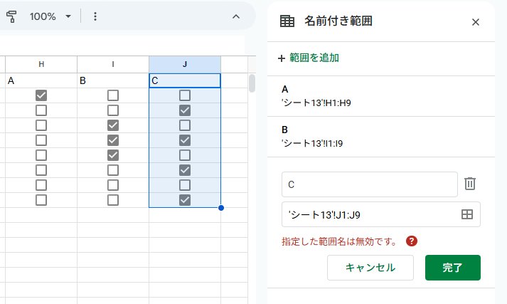 mir_for_note's tweet image. Googleスプレッドシートの名前付き範囲で、CとかRは予約後扱いで使えないみたい。A、BやDはいける