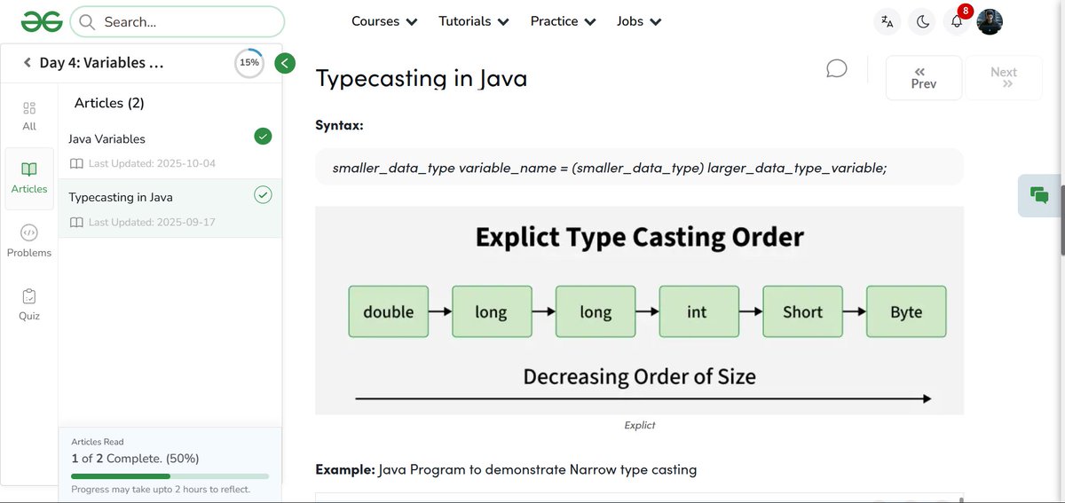 amanhaidry's tweet image. #Java from @geeksforgeeks 🚀
✅Java Variables
✅Typecasting in Java
✅Widening Type Casting
✅Explicit Type Casting

#100DaysOfCode #JavaDev #programmer #code #Coding #CodingJourney #CodingLife #LearnInPublic #GeeksforGeeks #gfg #nationskillup #skillupwithgfg #100DaysOfCoding