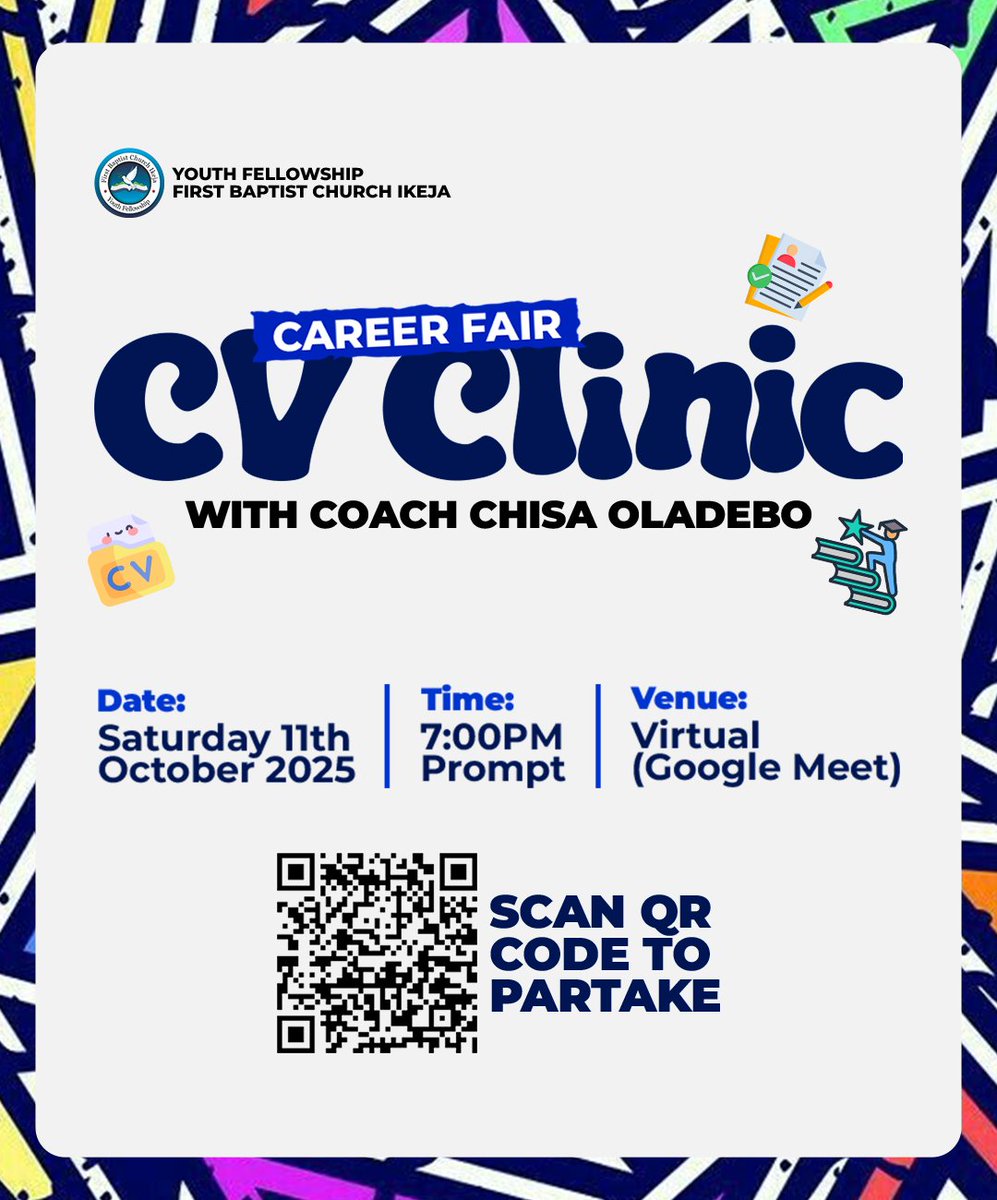 FBCI Youths! 📌 Join our CV Clinic on Oct 11th, 7pm on Google Meet! 🎙️ Coach Chisa Oladebo will share expert tips on crafting winning CVs. Tag a friend! 👥 #fbciyouthfellowship #careerfair #CVclinic