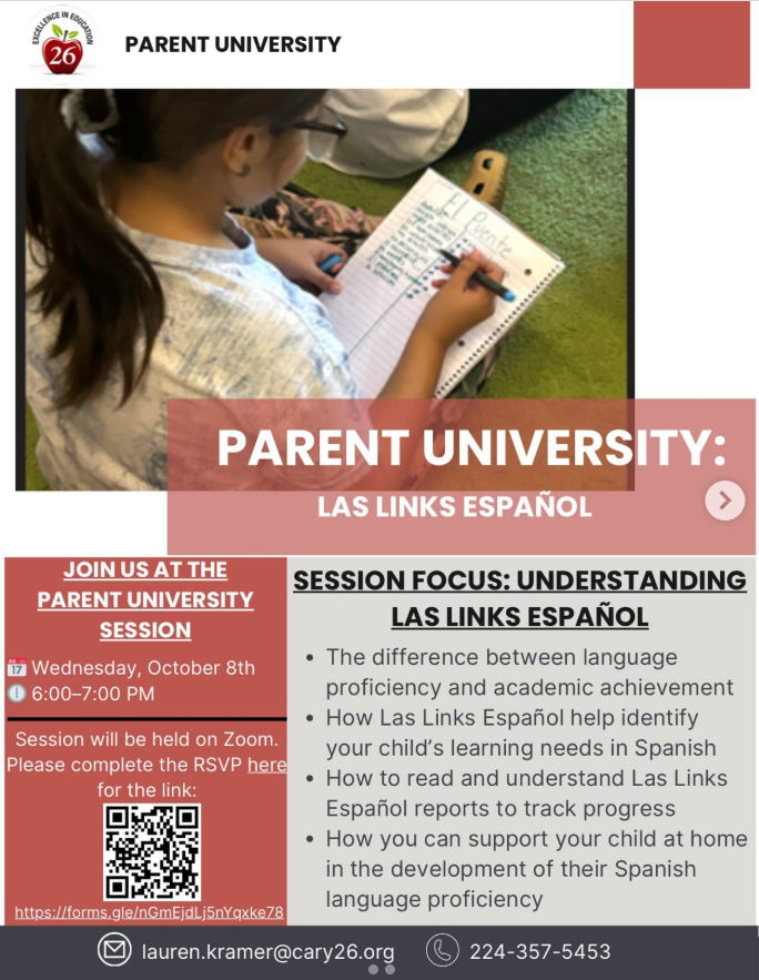 Acompáñenos en Zoom, el miércoles 8 de octubre, de 6-7 p. m., para información sobre la evaluación LAS Links Español.
Join us via Zoom this Wed. October 8th, 6–7 p.m. on Zoom for  informational about LAS Links Español, the district’s Spanish Language Proficiency assessment.