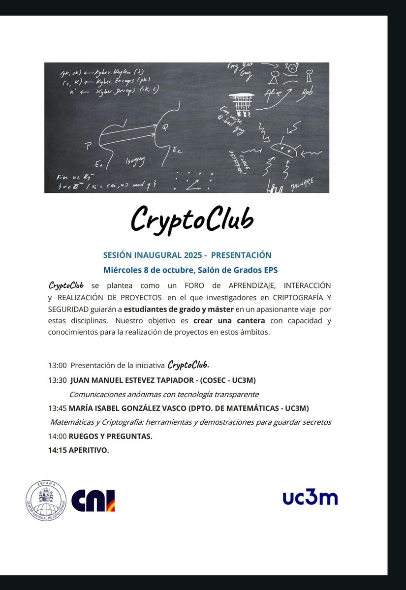 📣📣¡Nuestro #CryptoClub arranca una nueva edición! Ven a conocer este foro de aprendizaje para apasionados de la criptografía  este miércoles en la sesión de apertura. 
🏫 13:00, Aula de Grados de la <a href="/EPS_UC3M/">EPS-UC3M</a> <a href="/uc3m/">UC3M</a>
<a href="/MAT_URJC/">Matemáticas URJC</a>
<a href="/HackOnURJC/">HackOn</a>