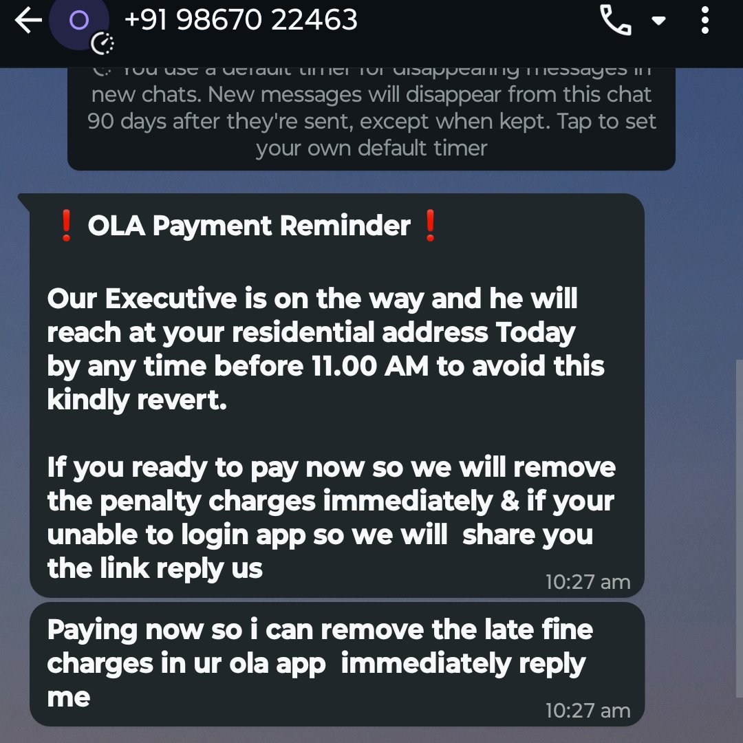 prashant_compsc's tweet photo. @ola_supports @Olacabs  This is today's message, I have not got any response neither on my email nor from my previous x post.

@DelhiPolice - This threatening messages @Olacabs Is sending for their failed service.

I never said I will not pay, i just want response on my email. https://t.co/GkI8Iqxow4