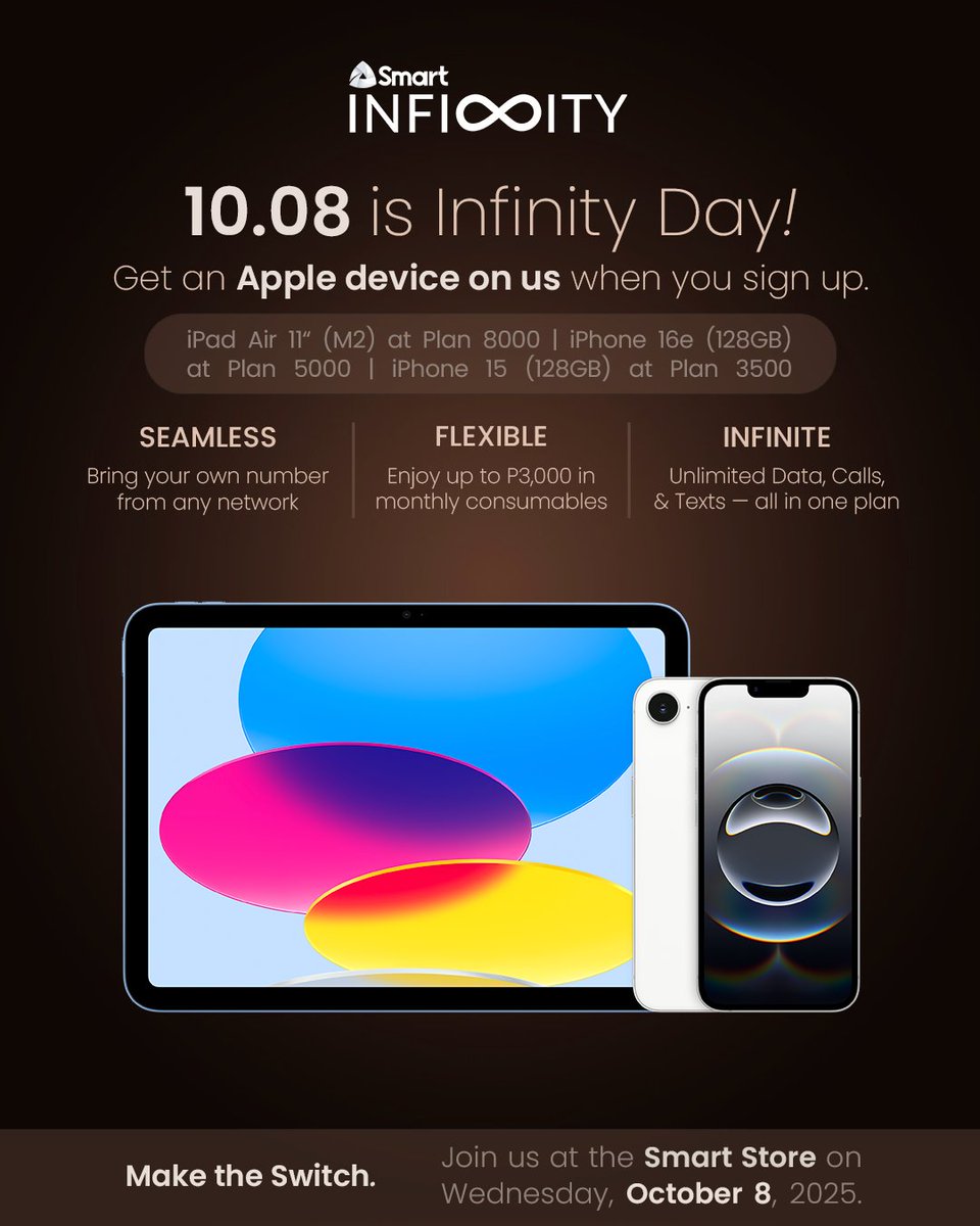 LiveSmart's tweet photo. This 10.08, celebrate Infinity Day in style.
Sign up for an Infinity Plan and get an Apple device on us—while keeping the number you love!
Switch from any network with ease—visit a Smart Store near you this Wednesday, October 8.
#SmartInfinity #InfinityDay #LimitlessPossibilities