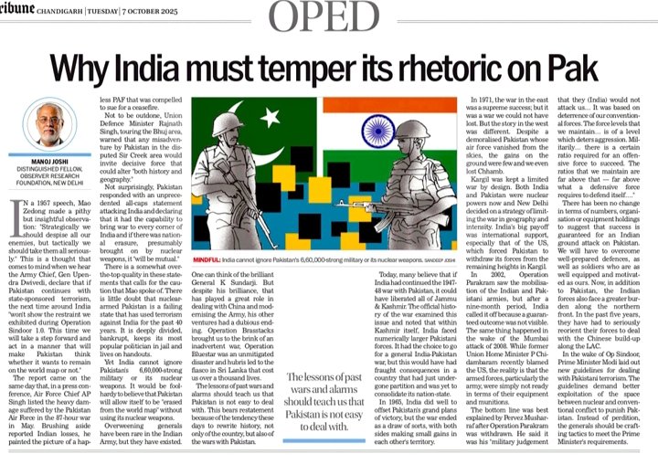 Why India must temper its rhetoric against Pakistan, writes Manoj Joshi in <a href="/thetribunechd/">The Tribune</a>

Worth reading 

tribuneindia.com/news/premium/w…