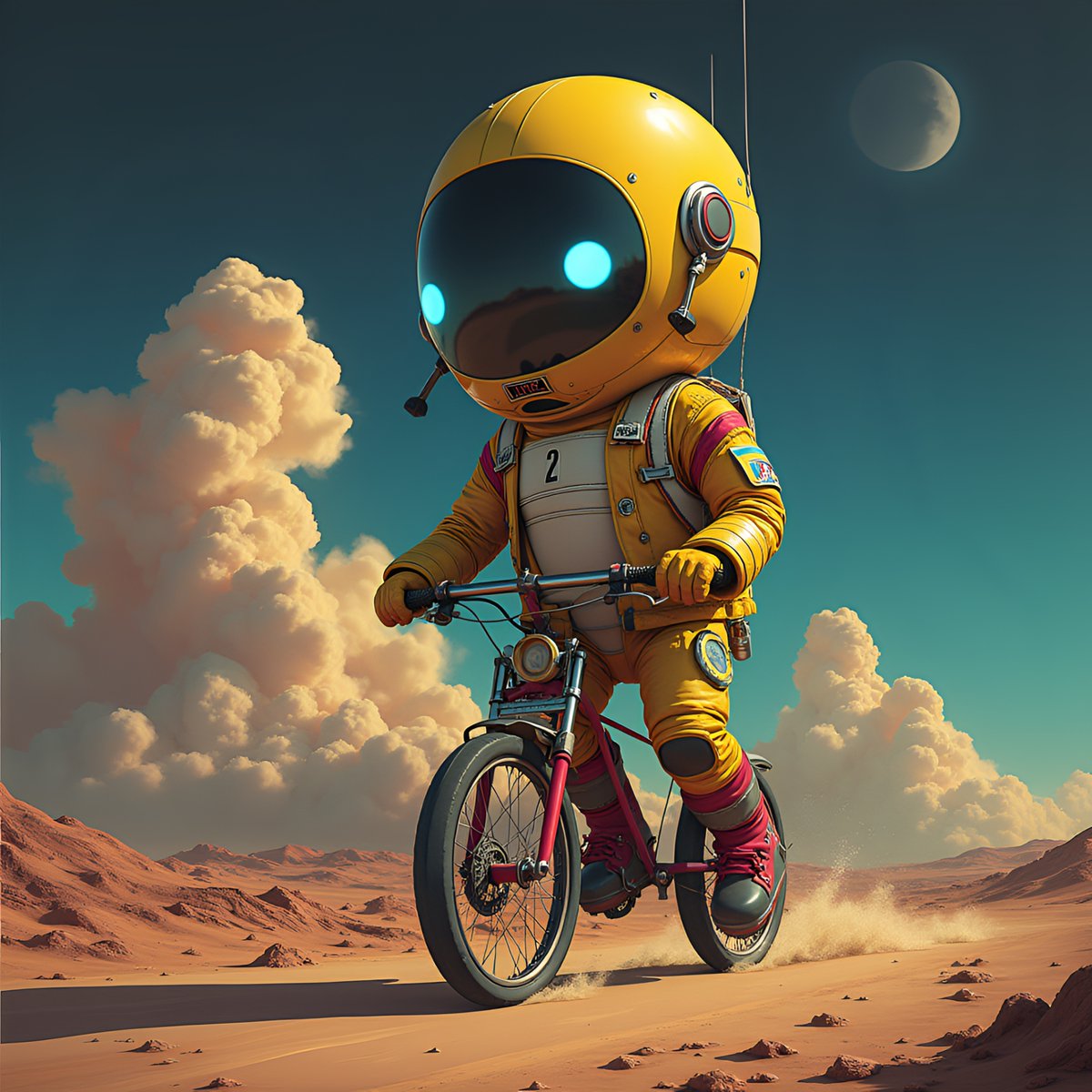 PromptSin's tweet image. Conquer new horizons—adventure awaits 🚲🌕. Dare to explore beyond limits! #MarsBucketList #SpaceVibes