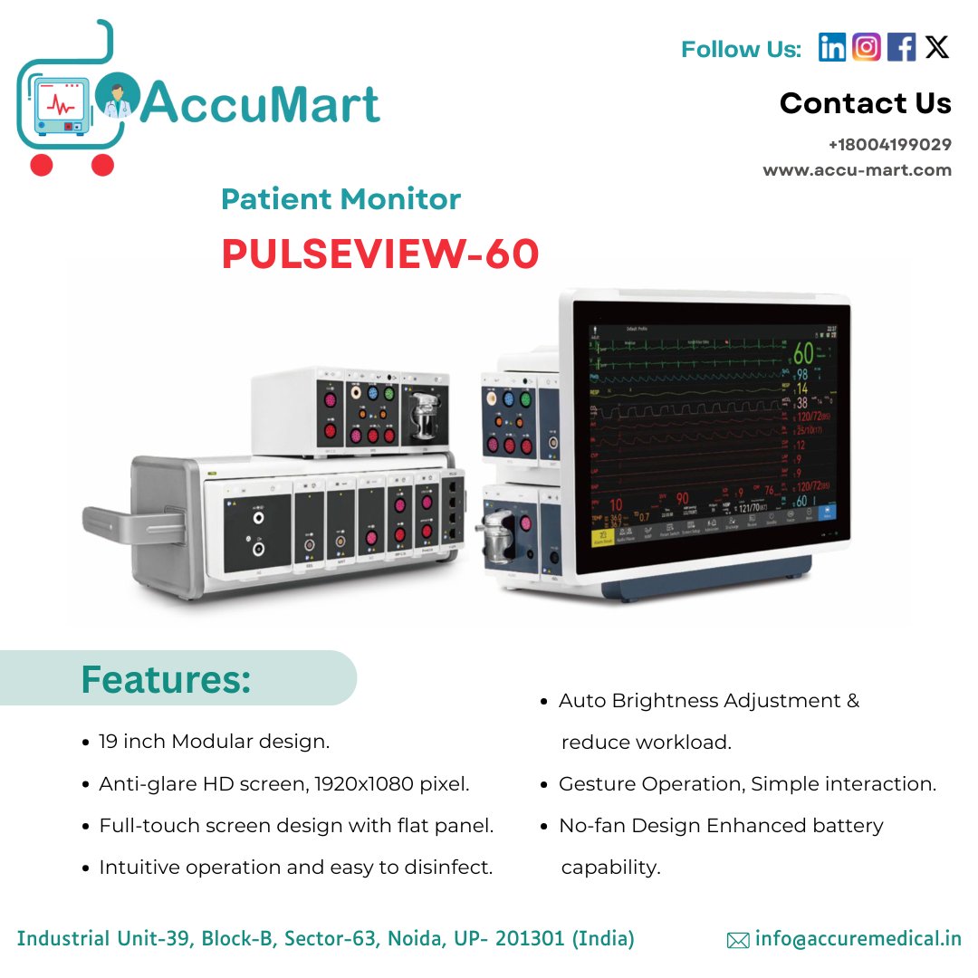 accure_medical's tweet image. 🚀 Introducing the PULSEVIEW-60 Patient Monitor!
Smart design, accurate monitoring, and advanced technology for better patient care.
📞 Contact us today for details!
1800-419-9029
#AccuMart #PatientMonitor #PULSEVIEW-60 #HealthcareInnovation