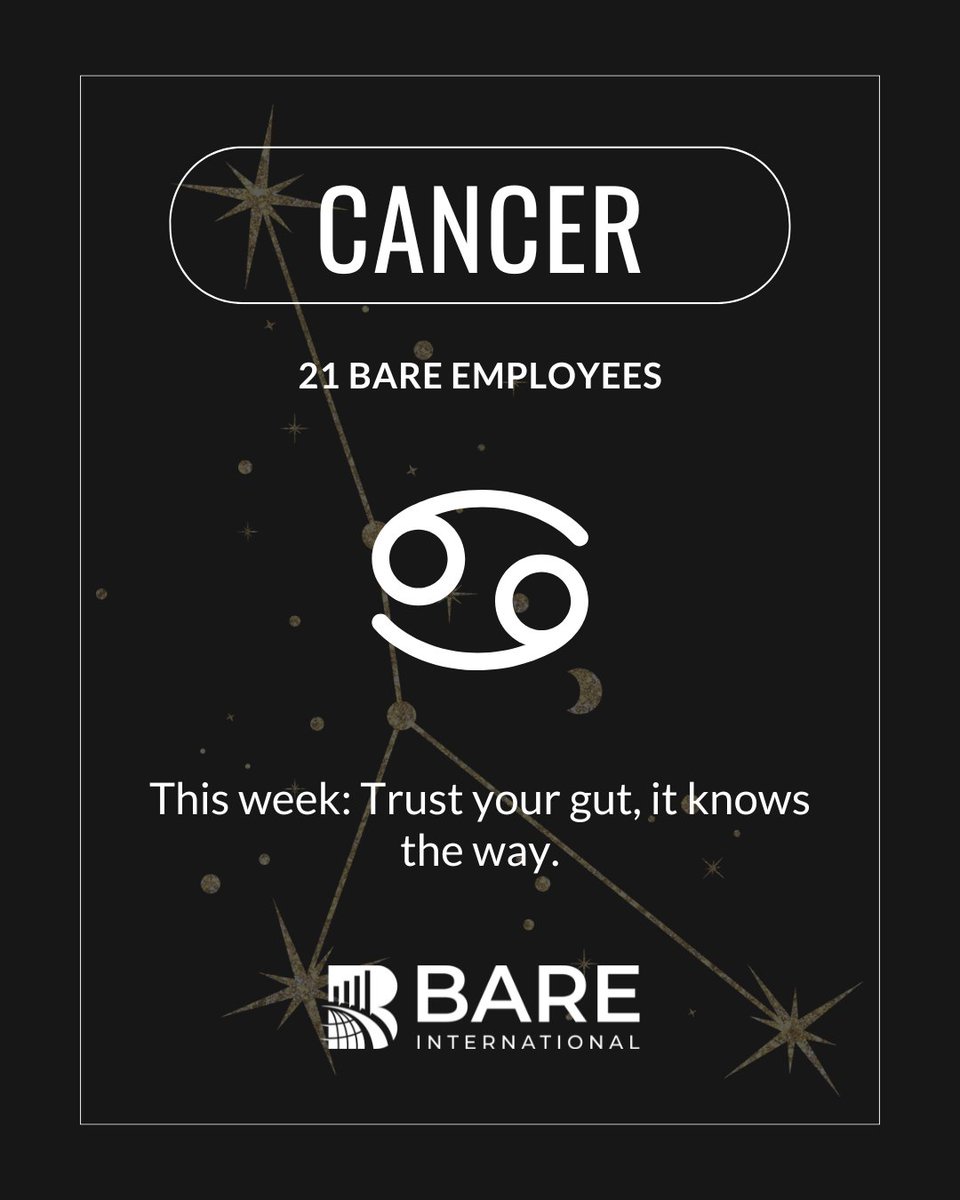 Cancer ♋ Caring &amp; intuitive — our 21 Cancers keep our culture thriving. 🌟 

This week: trust your gut &amp; follow your heart ❤️ 

Tag a Cancer who’s probably already tearing up reading this ✨

#BAREHoroscope #TeamBARE #Cancer #WorkplaceCulture #ZodiacVibes #AstrologyCommunity