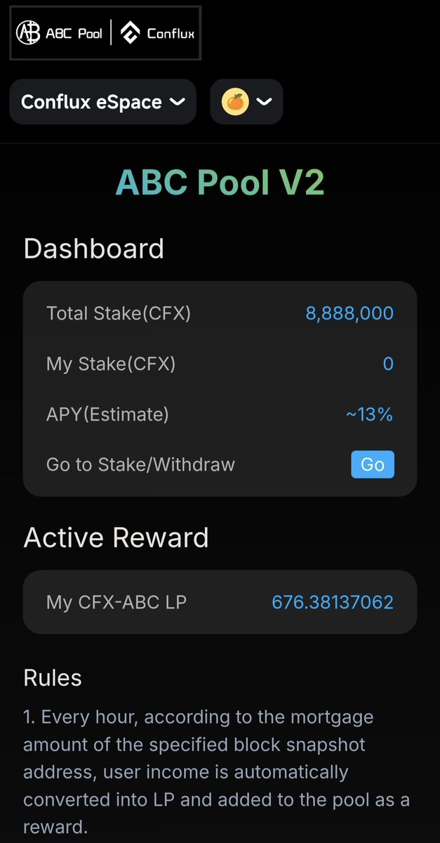 我們驕傲地宣布，#ABCPOOL V2 的 $CFX 參與總量已成功突破 8,888,000枚！這不僅是一個耀眼的數字，更是我們共同寫下的全新里程碑。

V2版本的強大效能與無限潛力，正持續為 $ABC 注入強勁動能。這份榮耀與價值，屬於每一位堅定的持有者與貢獻者。與強者同行，與價值共進。讓我們繼續緊握信念，如同💎