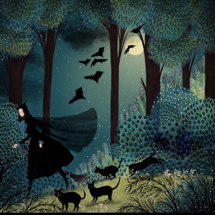 frome_maude's tweet image. “When witches go riding and black cats are seen, the moon laughs and whispers, ‘Tis near Halloween!’” 
(Author unknown) 

#Art: Jane Newland @janenewland #FairyTaleTuesday #BookChatWeekly #BookologyThursday 
#Samhain #Halloween