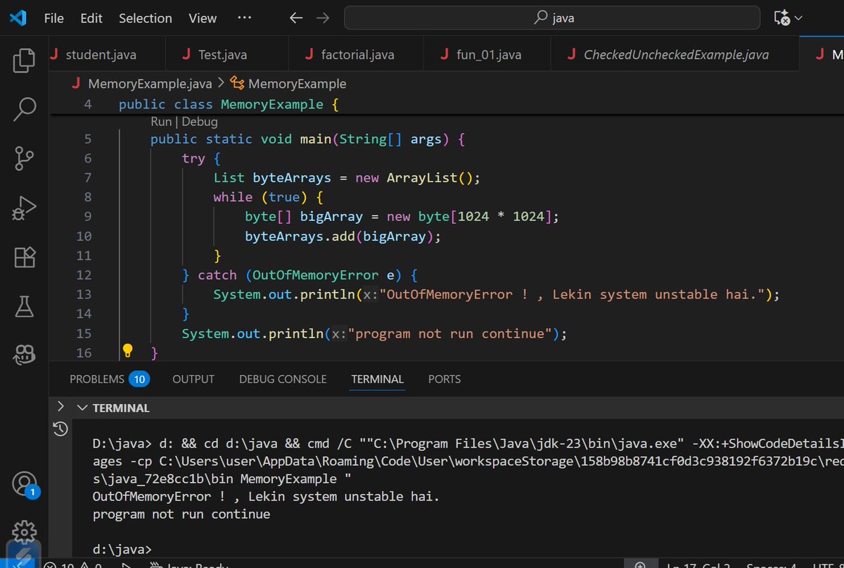 sonu2016841's tweet image. You can easily handle an OutOfMemoryError with a try-catch block. ❌
Reality: OutOfMemoryError is an Error, not an Exception. Your app likely can't recover from it.🧠
#JavaME #Java #Programming #Coding #SoftwareDevelopment
#SoftwareEngineering #CodeQuality #DevTips #programmer