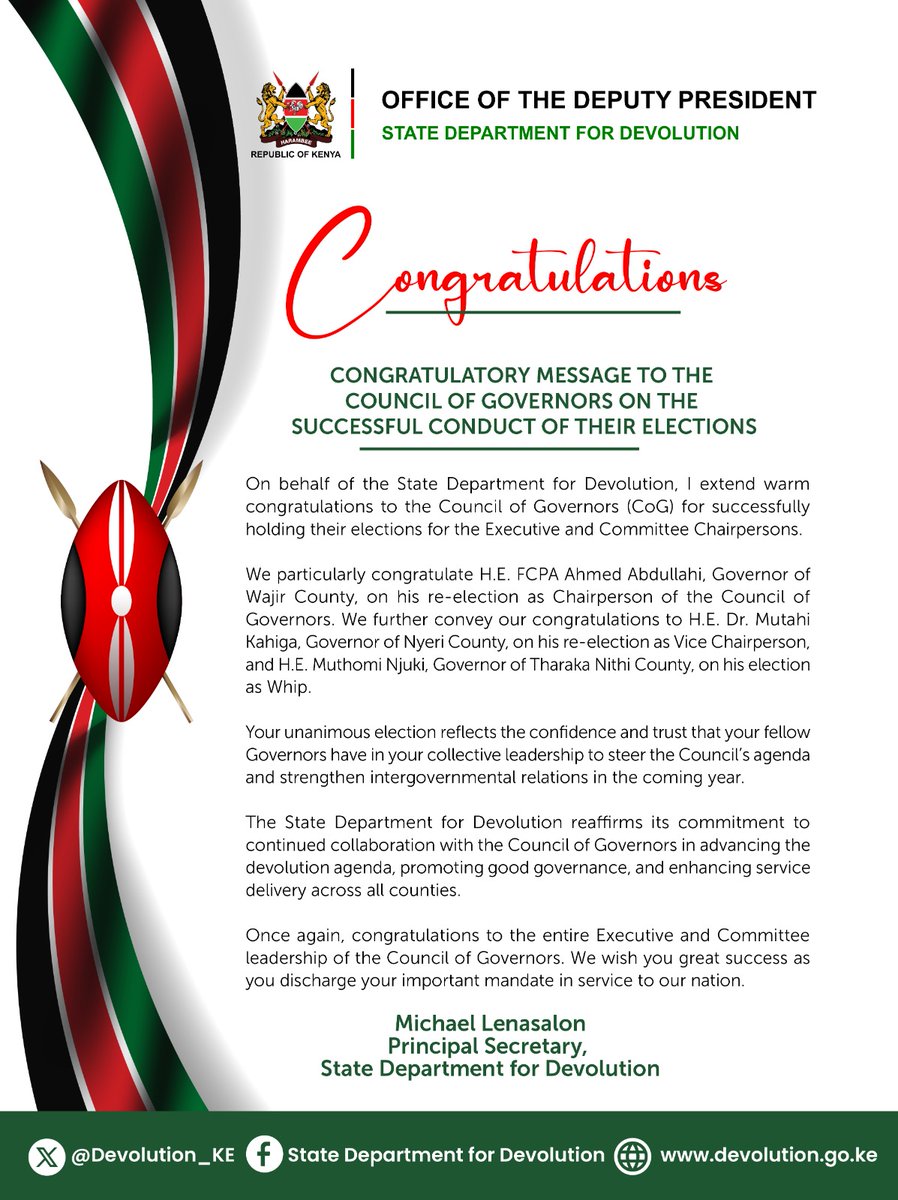 Devolution_KE's tweet image. @Devolution_KE congratulates the @KenyaGovernors on the successful conduct of their elections and the inauguration of their new leadership team.
Read our full congratulatory message below. 👇
#DevolutionKE #CountyGovernance
@impeccableNomad