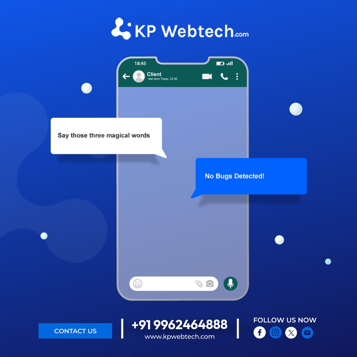 KpWebtech's tweet photo. We don’t just build websites.
We deliver bug-free experiences 🐞❌
Because happy clients deserve flawless results.

Think quality. Think trust. Think KP Webtech.

📞 +91 9962464888
🌐 https://t.co/q8E0u63ERV

#kpwebtech #webdevelopment #webdesign #bugfreecode #cleancode https://t.co/24FEoLoUgO
