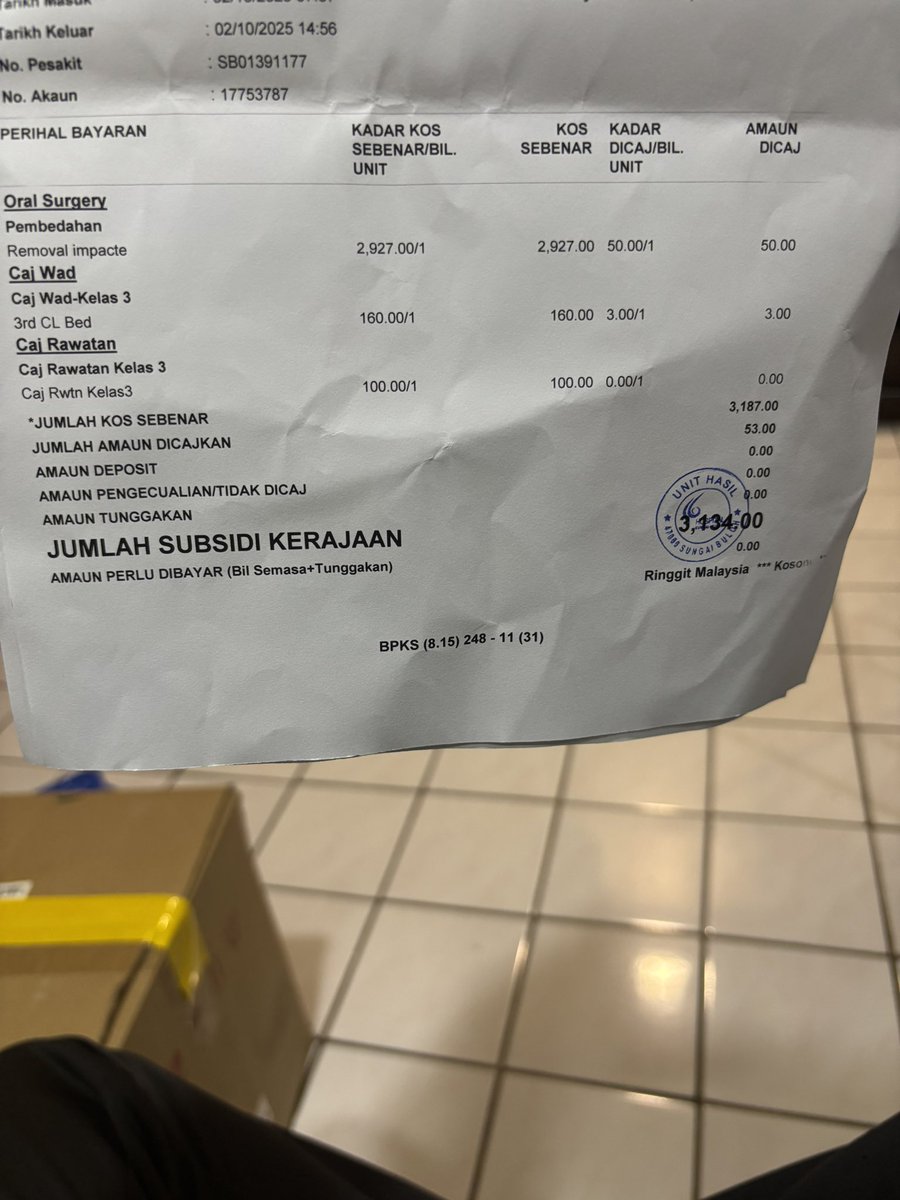 <a href="/health_malaysia/">Public Health Malaysia</a> bersyukur jadi rakyat malaysia. buang 4 gigi bongsu (surgery and ditidurkan) hanya kena rm53 while harga sebenar RM3k lebih. and all the kakitangan hospital dari awal appointment sampai habis semua bagus2 and smooth ja proses