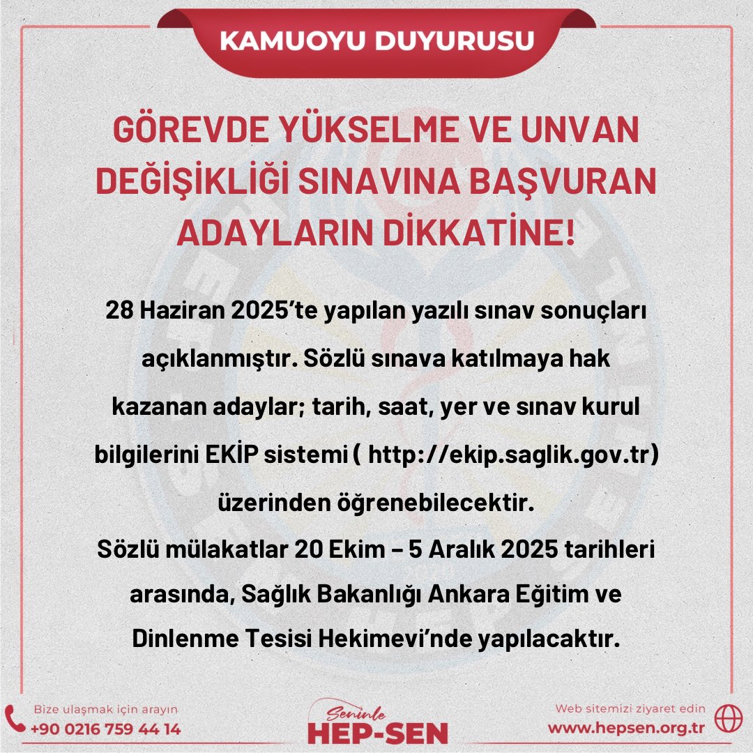 GÖREVDE YÜKSELME VE UNVAN DEĞİŞİKLİĞİ SINAVINA BAŞVURAN ADAYLARIN DİKKATİNE!

28 Haziran 2025’te yapılan yazılı sınav sonuçları açıklanmıştır.
Sözlü sınava katılmaya hak kazanan adaylar; tarih, saat, yer ve sınav kurul bilgilerini EKİP (ekip.saglik.gov.tr) sistemi üzerinden