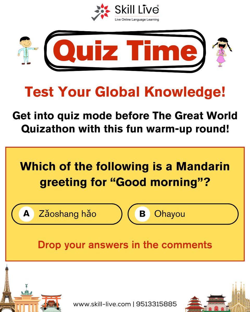 Skill_Live_INT's tweet image. Test your knowledge of one of the world&apos;s most spoken languages. Which of the following is a Mandarin greeting for &quot;Good morning&quot;? Is it A) Zǎoshang hǎo or B) Ohayou?

Drop your answer in the comments below!

#skilllive #quiztime #mandarinlanguage #chineselearning #languagequiz
